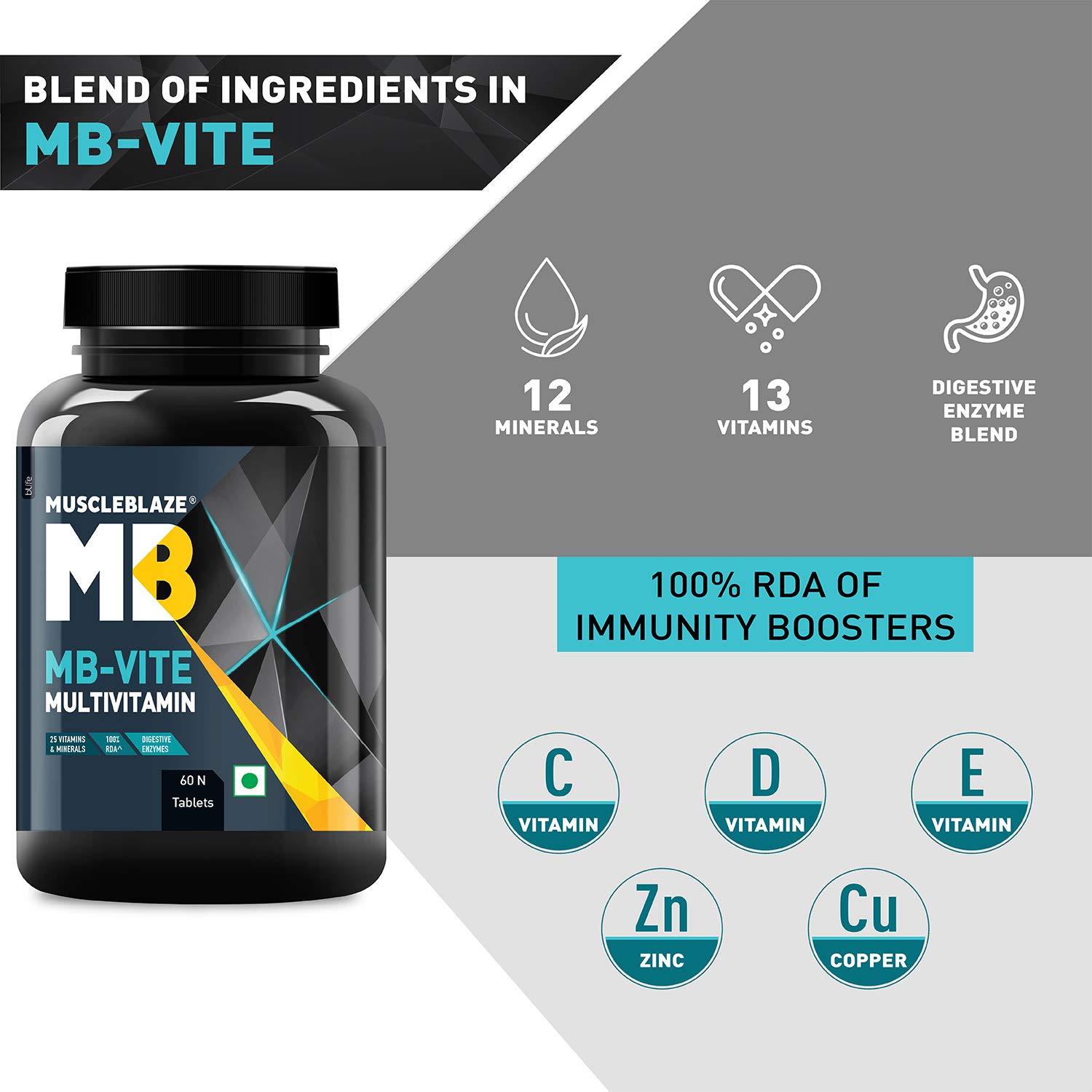 Image Of Muscleblaze Mb-Vite Multivitamin For Immunity-100% Rda Of Vit C, D, Zinc Beast Nutrition